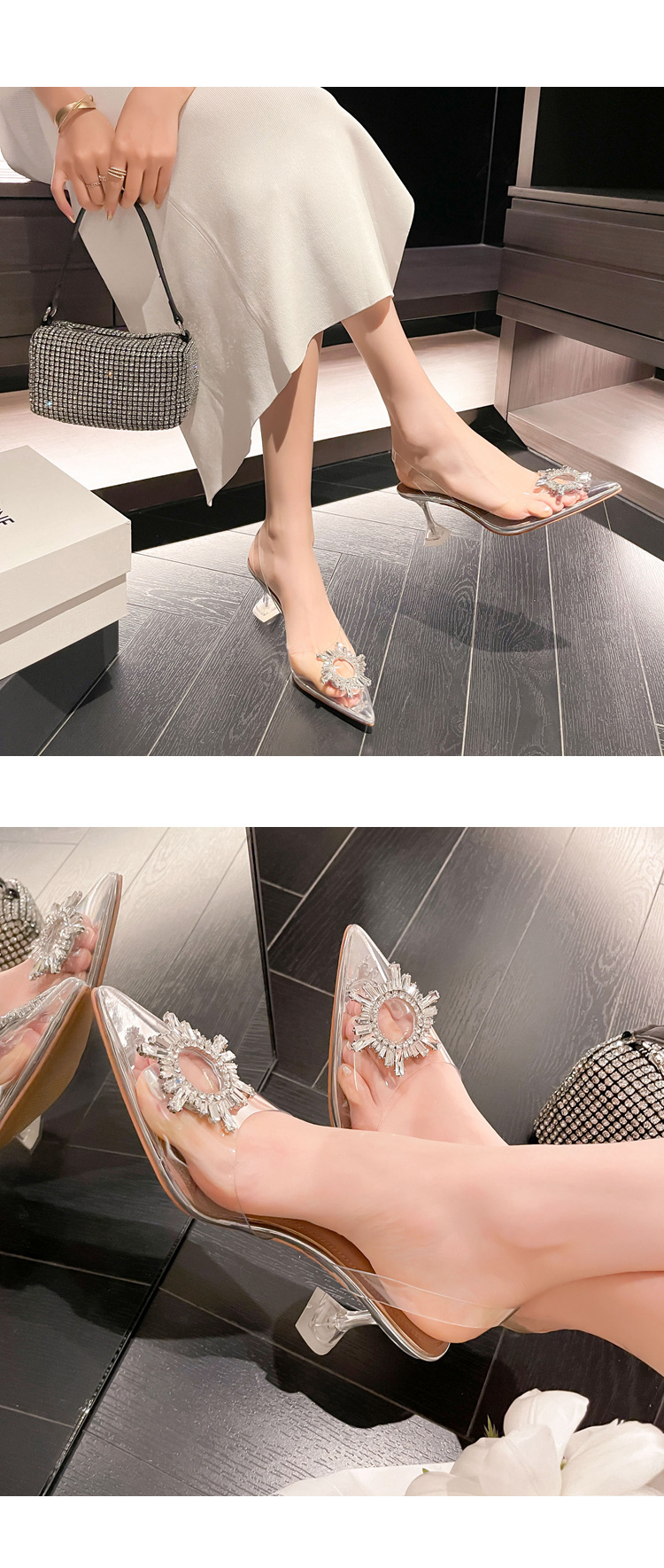 Giày cao gót nữ mũi nhọn bít mũi trong suốt đính pha lê gót nhọn 6,5 cm — Bạc 6,5cm chi tiết 28