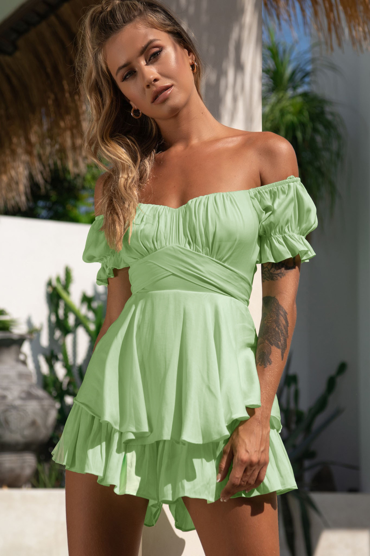 ruffled one-word collar short-sleeved solid color jumpsuit (multicolor) NSMDF126486