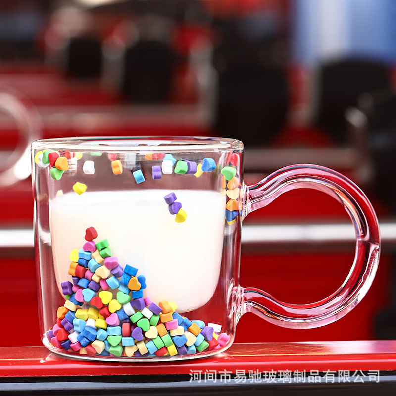 Vaso de vidrio de doble capa de arenas movedizas de celebridades de Internet, taza de Bobo de niña linda, taza de agua creativa de doble capa que fluye el amor, té con leche