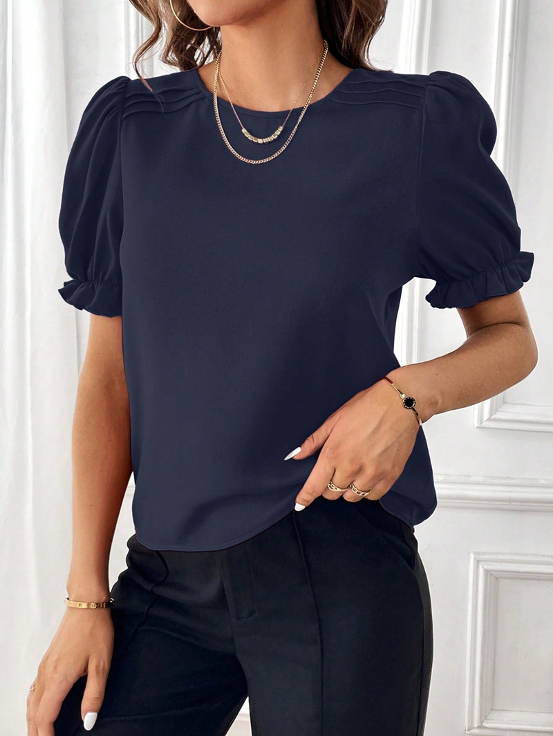 203g Weight Short Sleeve Sleeve Length Pullovers Placket Type Bishop Sleeve Sleeve Type Polyester Fabric Type Regular Top Length Blouse Tops Type Daily Occasion Round Neck Neckline Regular Fit Fit Type Solid Color Pattern Summer, Spring Season Women's Gender Elegant, Streetwear Style Wholesale Women's Elegant Streetwear Solid Color Short Sleeve Blouses 24