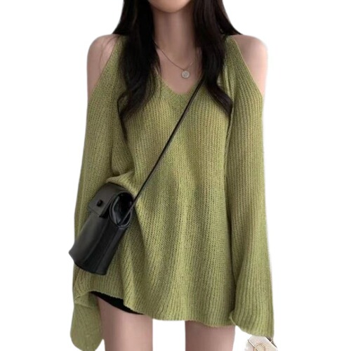 Sunscreen blouse for women's summer thin style design, niche heart collar ice silk sweater autumn long-sleeved off-shoulder wholesale