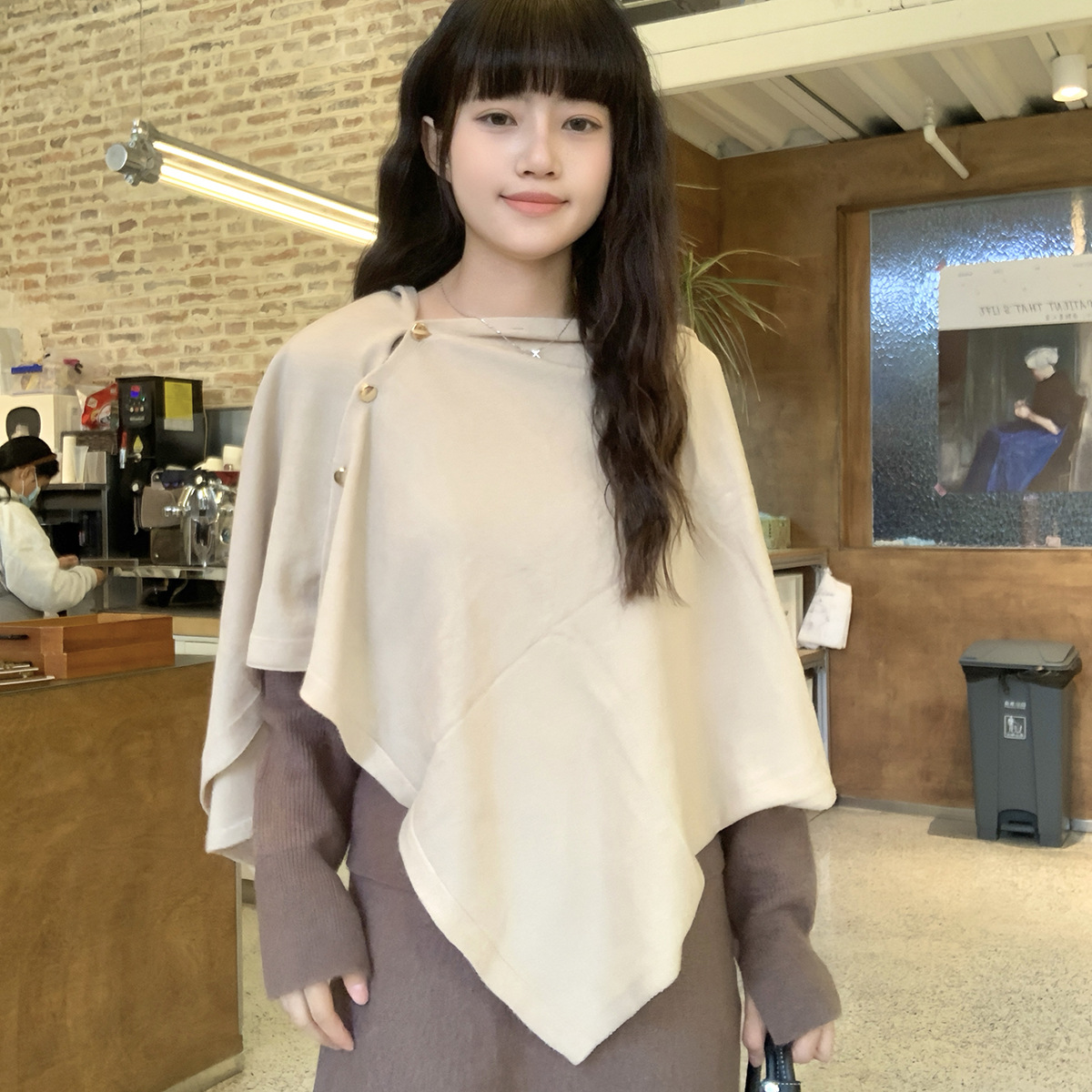 Foreign Trade Metal Buckle Cape Coat for Women, Autumn and Winter Large Shawl Scarf Sweater Outerwear with Buckle Cardigan Cape