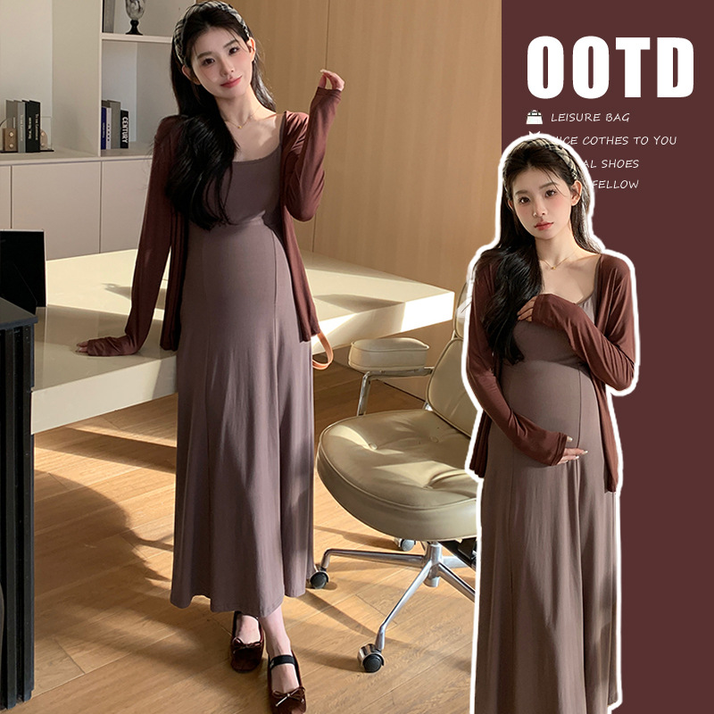 Maternity Dress Early Spring Korean Style Fashion Lazy Temperament Sunscreen Cardigan+Slim Suspender Dress