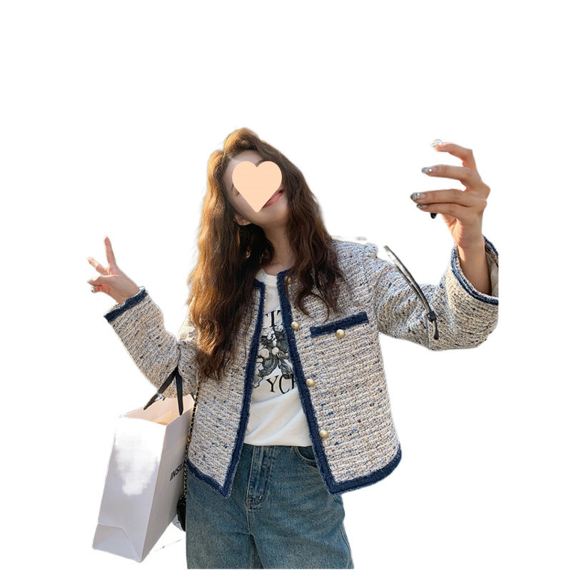 フレンチスタイルの女性用スプライスデニムショートジャケット2025春秋の新しいスタイルのスリムツイードショートトップ|undefined