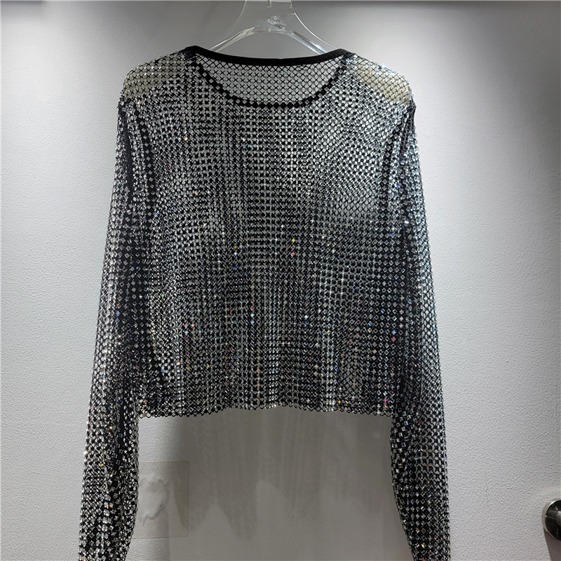 Nuevos productos europeos industria pesada caliente sensación de hielo estrella de diamante de cuello redondo camiseta de manga larga camiseta de perspectiva hueca camiseta