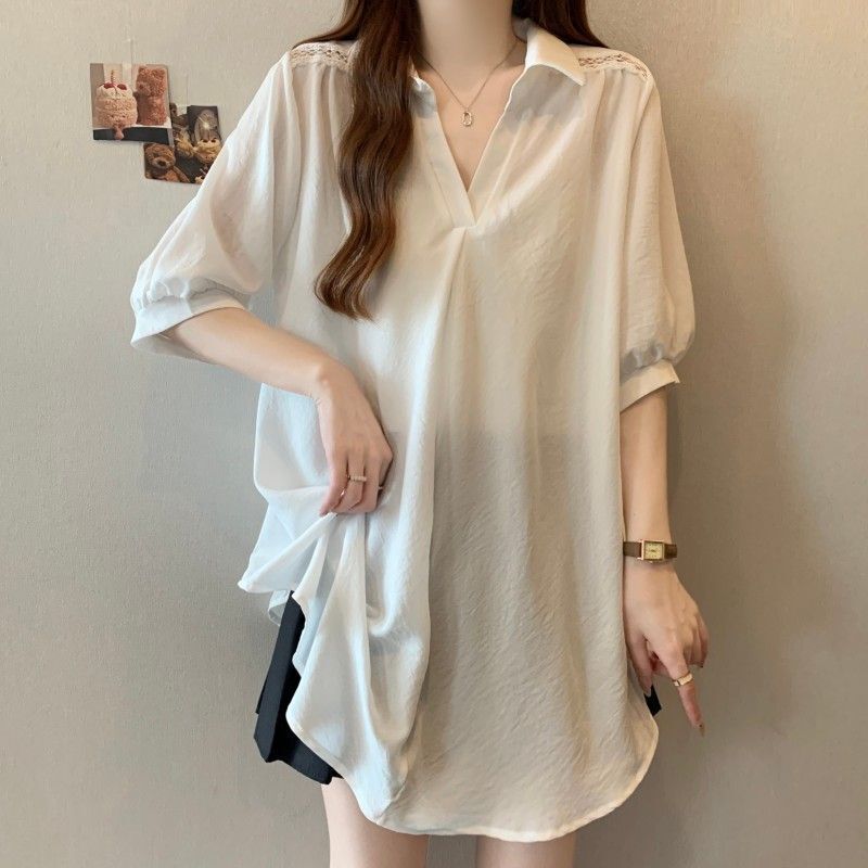 Plus-Size Women's Summer Chiffon Shirt with Ruffles, Irregular Loose Fit, Large Lace Patchwork Polo Collar Top
