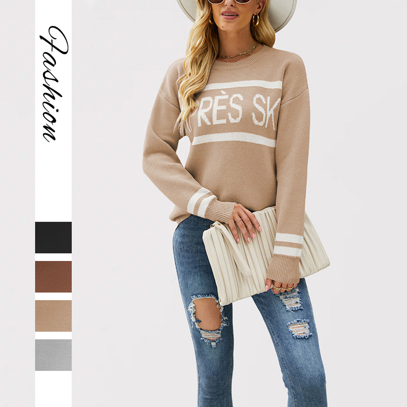 新款秋冬2025亚马逊女装长袖上衣热卖圆领字母提花时尚打底针织衫