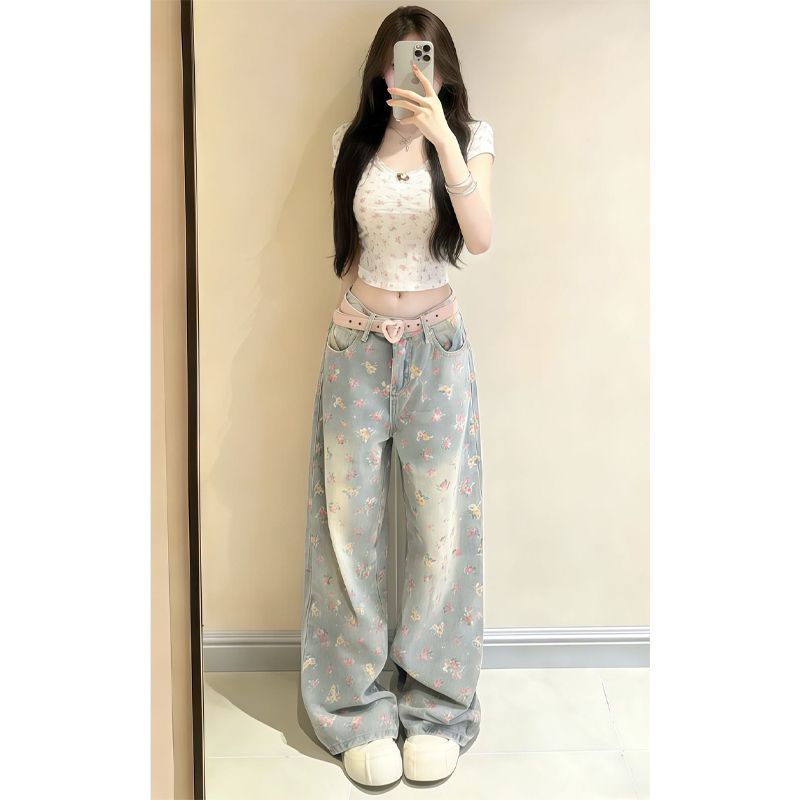 High-Waist Floral Denim Jeans