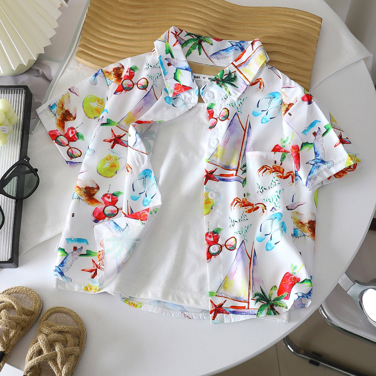 Verano bebés vacaciones de viento impresión puerto viento de manga corta suelta camisa para niños camisa para niños