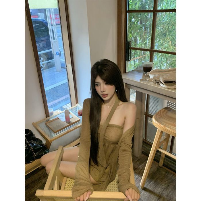 美拉德穿搭套装咖色长袖针织开衫女装秋季辣妹抹胸背心上衣两件套|undefined