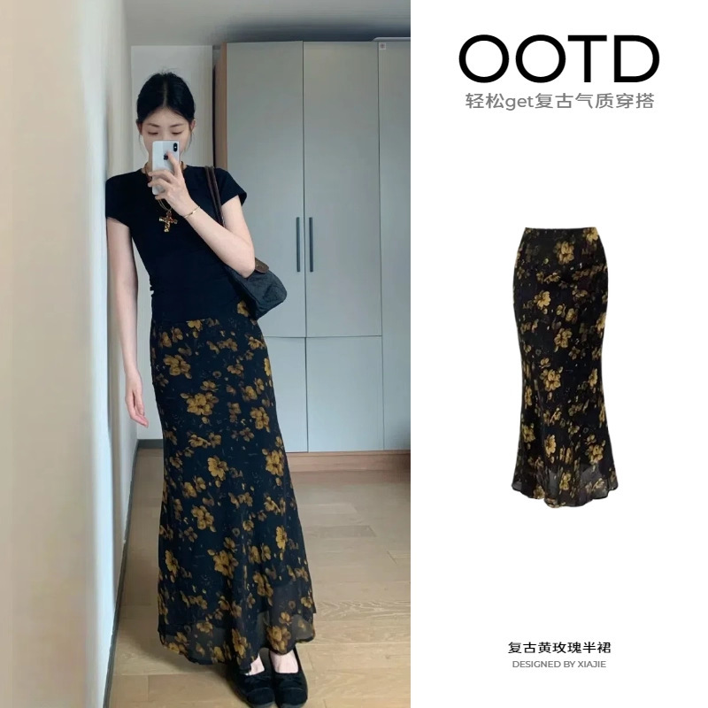 半身裙女夏长款2025小个子复古黄玫瑰裙子套装轻熟碎花修身包臀裙|undefined