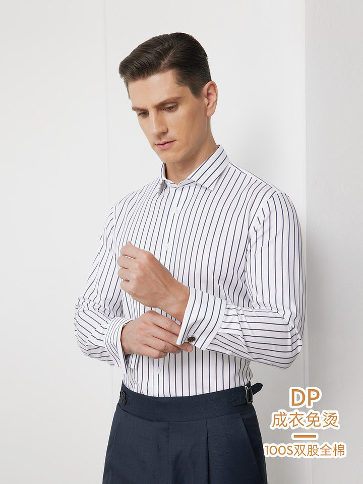 Áo sơ mi nam dài tay cotton sọc không cần ủi, cổ vuông, phong cách công sở trang trọng — Tay áo xếp chồng sọc kiểu Pháp