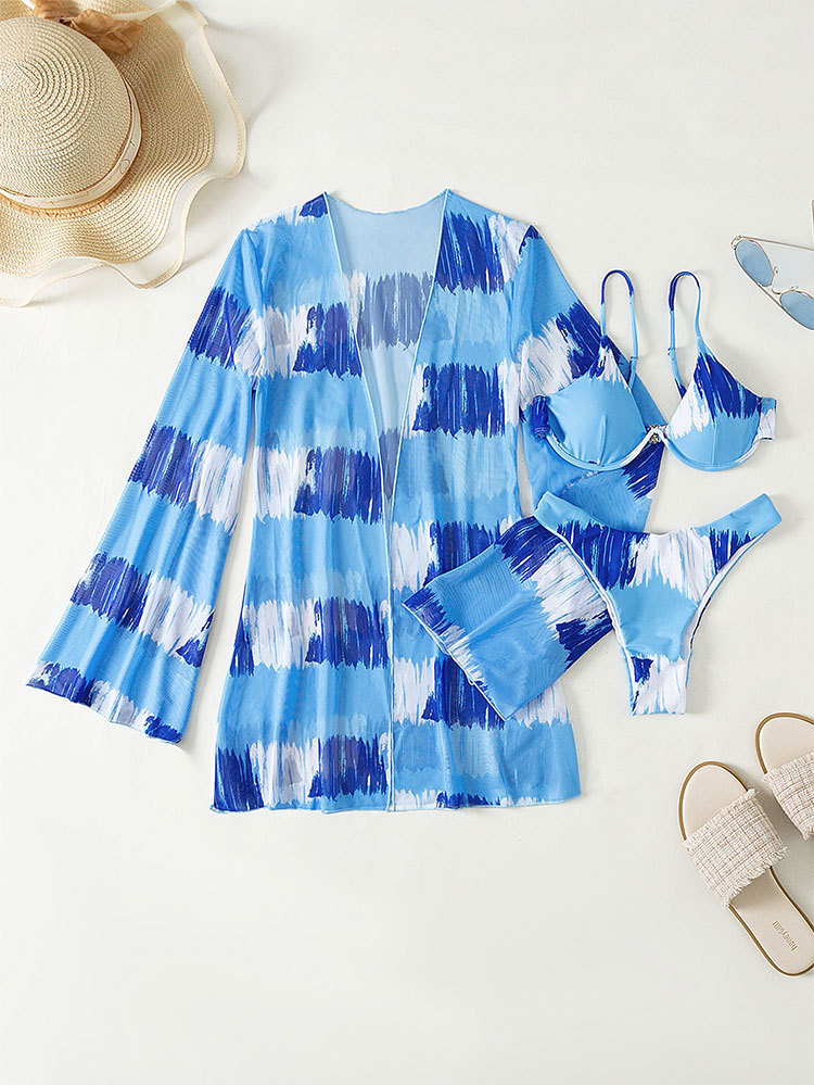 Nieuwe, bedrukte, zonwerende strandstalen driedelige set met meerkleurige cover-up, mesh bikinizwempak_voghion.com