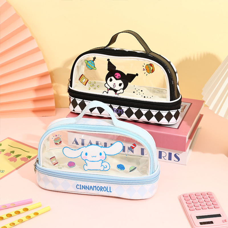 Cartoon Sanrio estuche para lápices estilo ins portátil de doble capa transparente de gran capacidad lindo bolso de papelería tridimensional Kulomi