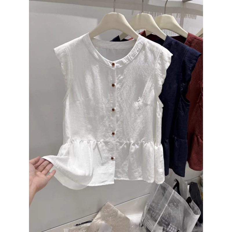 Solid Color French-Style Cotton and Linen Sleeveless Blouse for Women, New Summer Versatile Patchwork Retro Vest with Flutter Sleeves