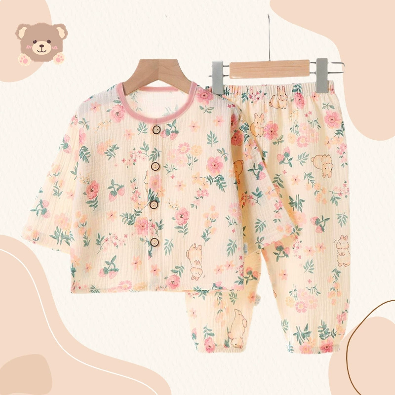 Summer cotton children's pijama, thin cartoon set, with short sleeve
