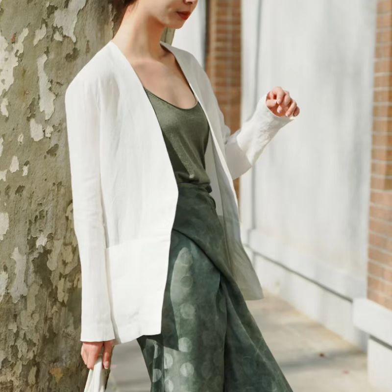 Corta Spanish Niche Design Collarless Suit Women's Linen Blend V-Neck Straight Casual Suit Jacket Thin