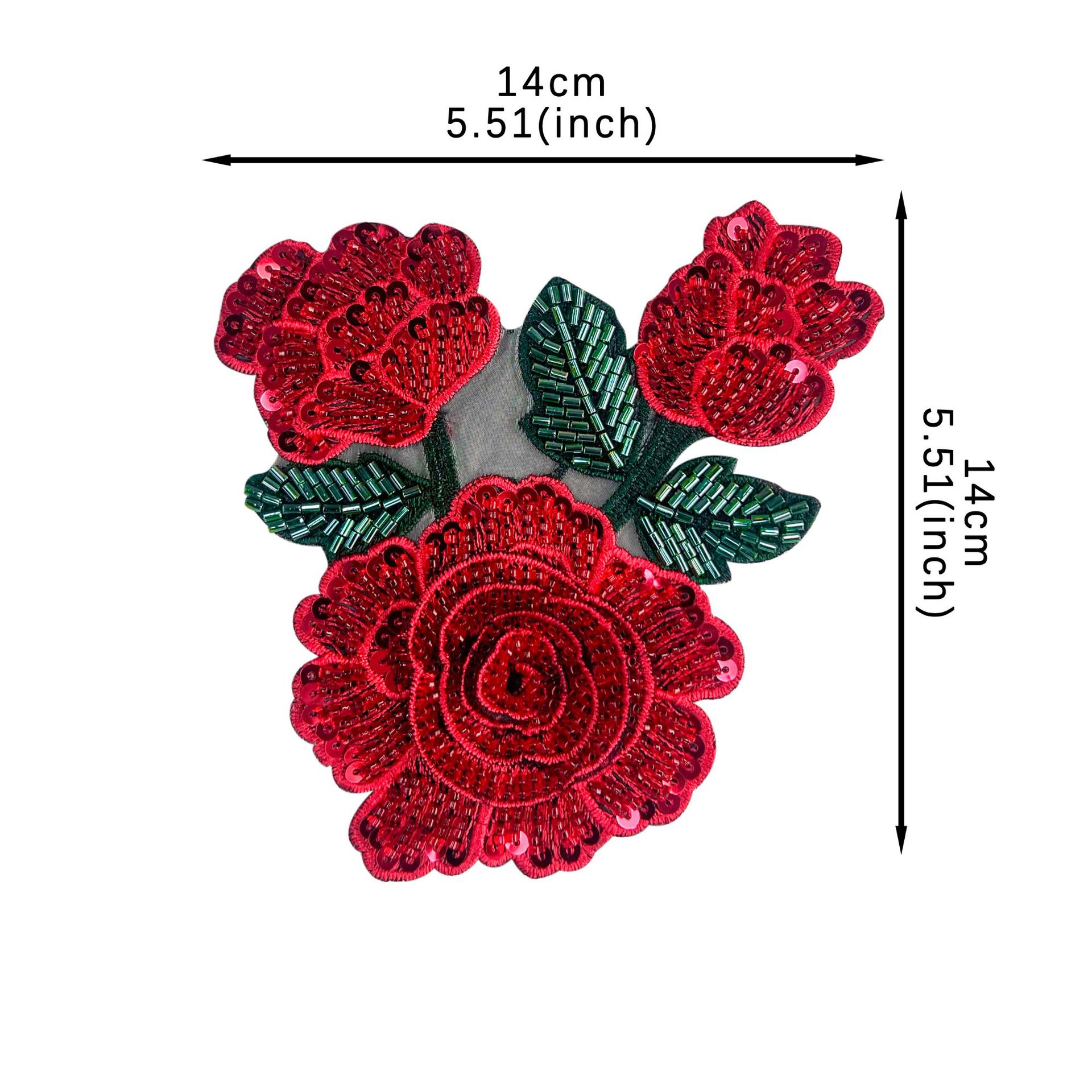 Rosa roja pequeña de alta densidad flor bordado con cuentas pegatinas de tela ropa falda ropa parche de estilo étnico cosido a mano