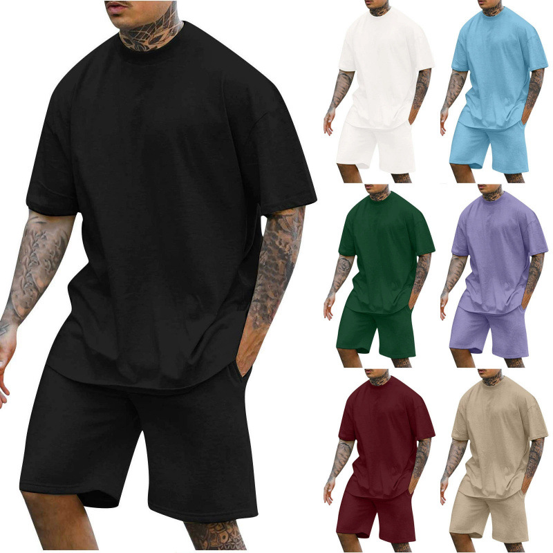 Summer Solid Color 2025 New Men's Sports Crewneck Shoulder Short-sleeved T-shirt Top Shorts Two-piece suit