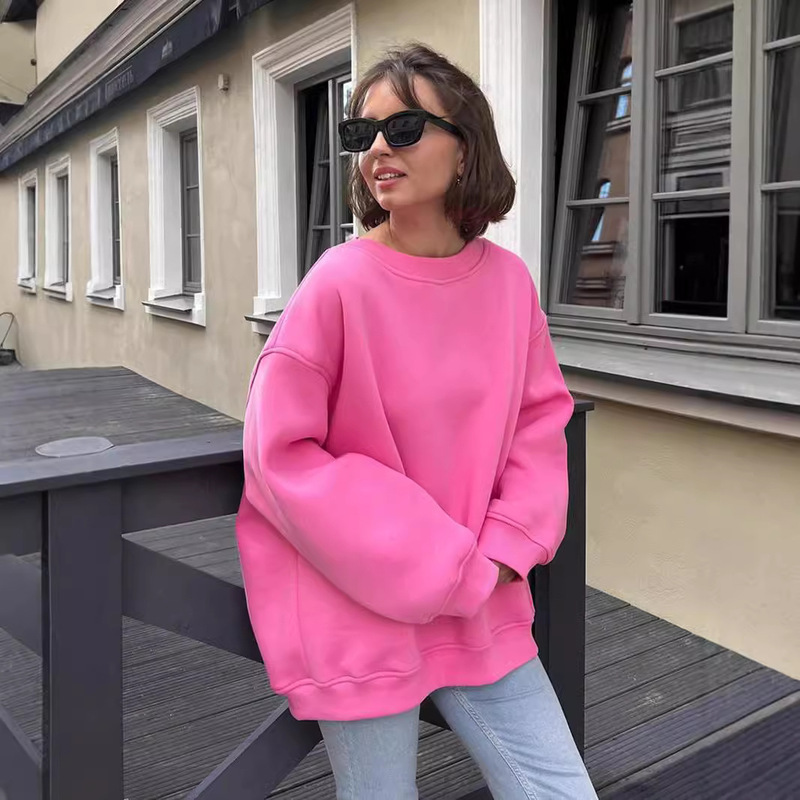 Cross-Border Round-Neck Loose Sweatshirt for Women, European and American Style, 2026 Autumn and Winter Street Style, Solid Color Oversized Fleece Pullover Sweatshirt