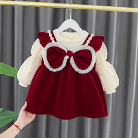 宝宝长袖2023新款加绒公主裙0-4儿童冬0款周岁红色礼服裙外贸批发