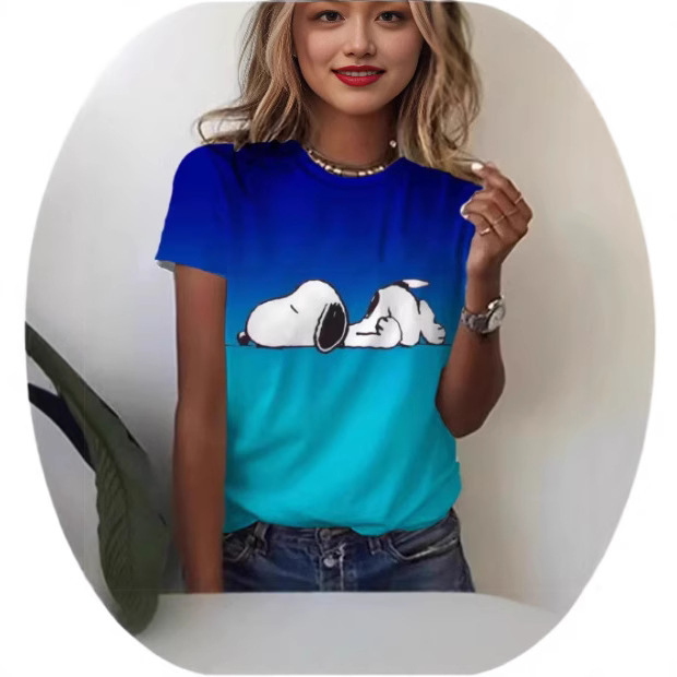 2025 Snoopy T-Shirt Mother-Daughter Outfit for Girls, Round Neck, Summer Short Sleeve, Sexy Neckline, Cartoon Pattern, Short Sleeve, Puppy