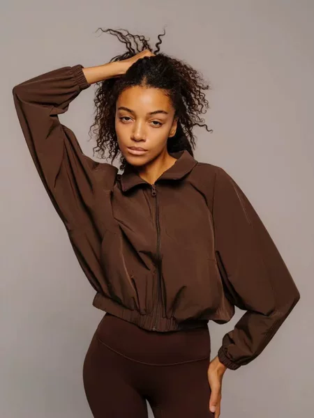 Cross-Border European and American Style Loose Zipper Sports Jacket for Women, Short Fitness Long-Sleeve Slimming Running Sports Top