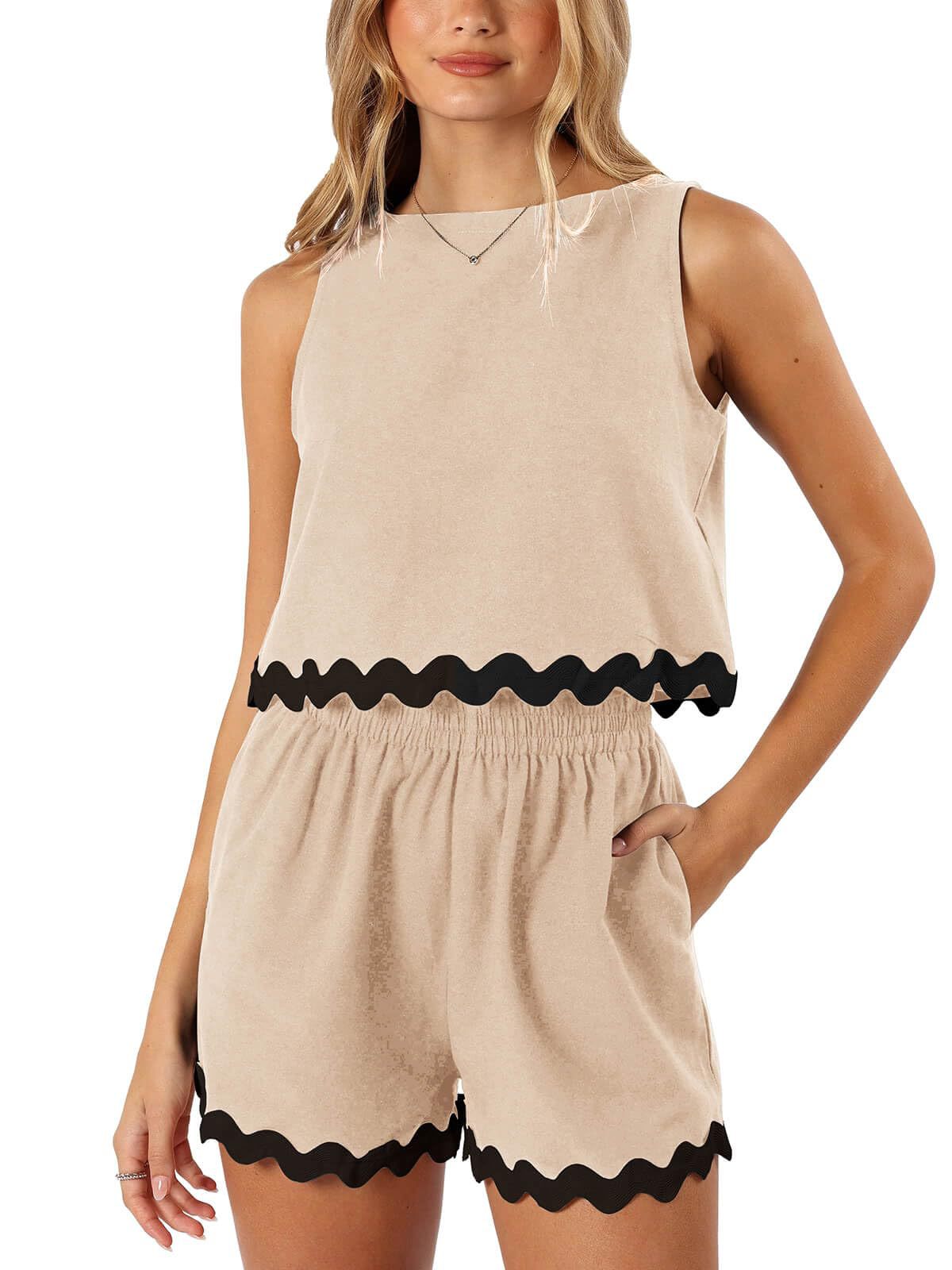 227g Weight Sleeveless Sleeve Length Linen, Lace Fabric Type Shorts Pants Type Shorts Co-ord Set Sets Type 2 Pieces Set Quantity Daily Occasion Round Neck Neckline Loose Fit Type Color Block, Waves Pattern Summer Season Women's Gender Casual Style Lace Craft Daily Women's Casual Color Block Waves Linen Lace Shorts Co-ord Set Shorts Shorts Sets 无