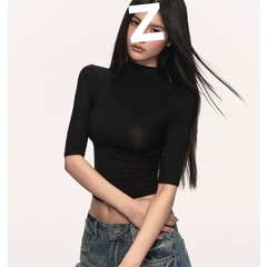 夏季黑色t恤女春半高领体恤五分袖中袖时尚休闲辣妹外穿百搭上衣