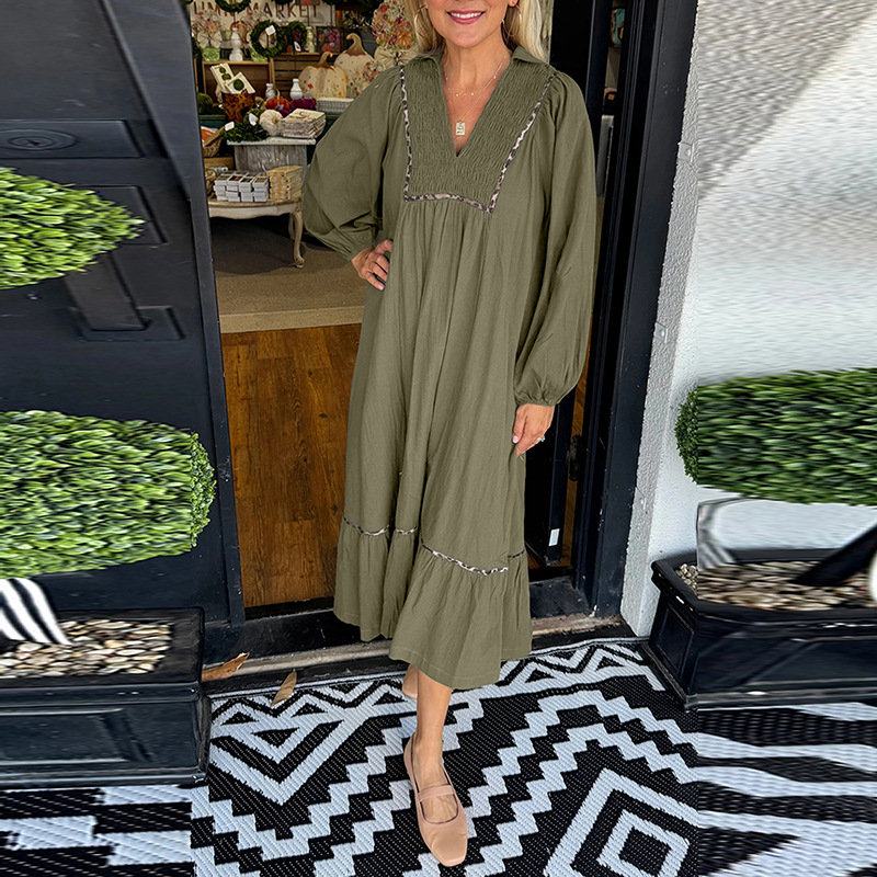 2025年秋季新款套头V领长袖连衣裙女欧美简约风撞色镶边长裙女