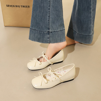 836-87 French style square toe shallow mouth sweet mid heeled women's shoes soft inner height increasing bow strap 