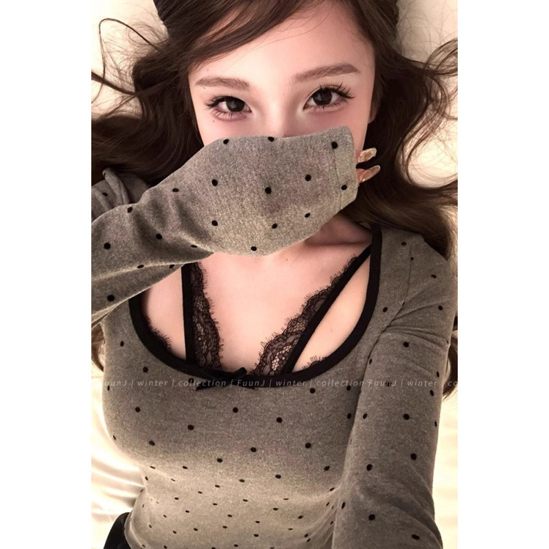 蕾丝拼接假两件长袖T恤女冬季加绒蝴蝶结灰色修身纯欲打底衫上衣