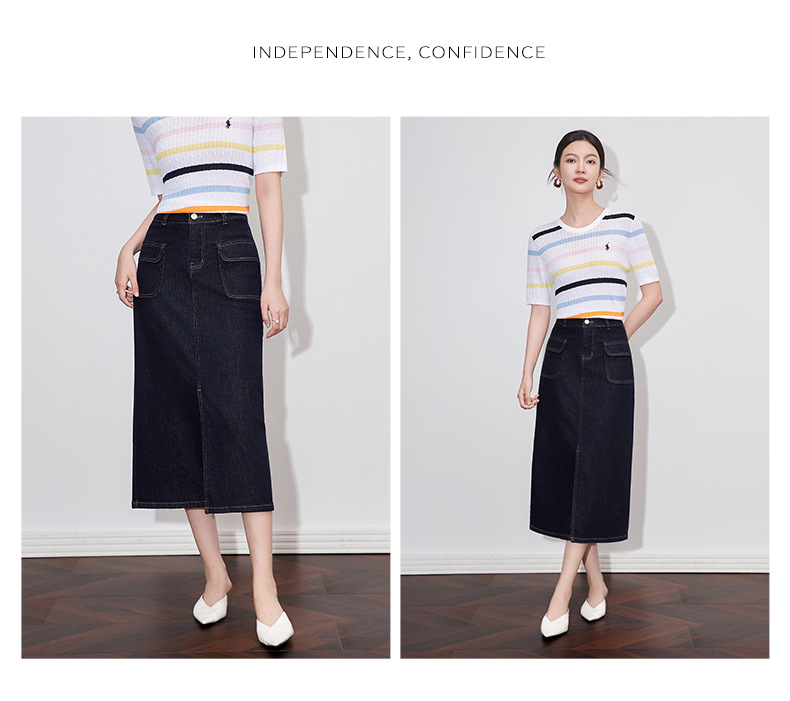 Chân váy denim cạp cao phong cách Hồng Kông cổ điển, dáng ôm xẻ tà dài giữa — Màu xanh đậm chi tiết 8