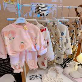 新款法兰绒家居服秋冬男女儿童双面绒睡衣宝宝套装保暖卡通两件套