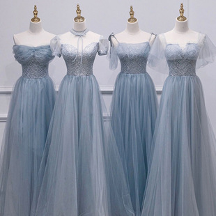 Bridesmaid Dress Gray Blue 2025 New Summer Fairy Elegant Wedding Sister Group Host Graduation Evening Dress for Women