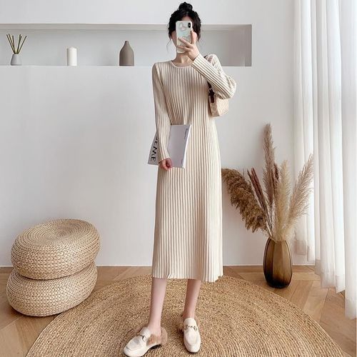 Autumn/Winter 2024 Long-Sleeve Round Neck Knit Dress - New Mid-Length Solid Color Base Round Neck Straight Trousers Kneeling Dress