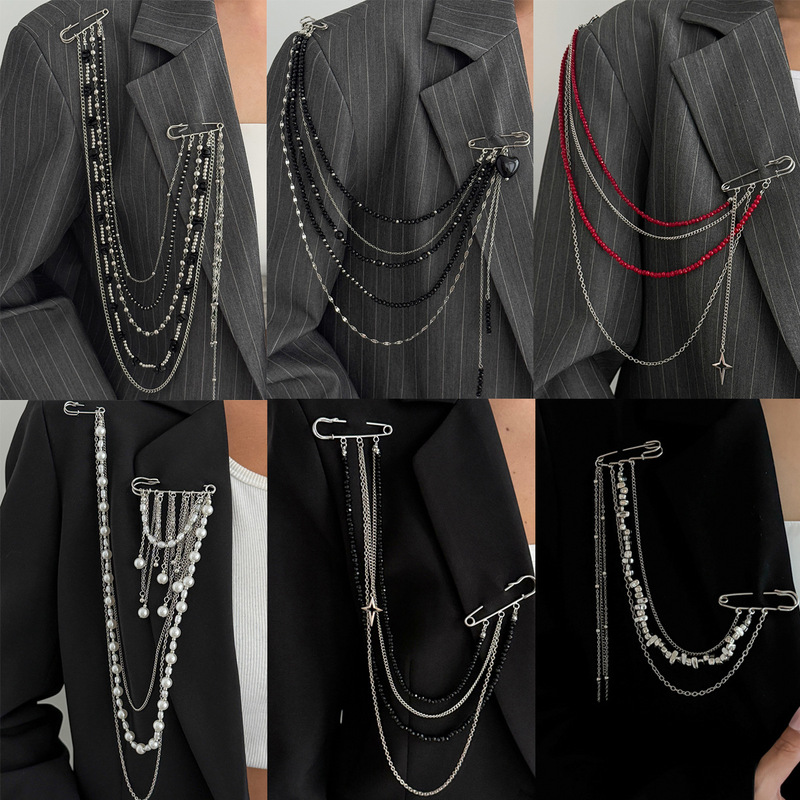 European and American Cross-Border Jewelry Hip-Hop Personalized Tassel Chain Brooch Ins Style Star-Shaped Pendant Pin Suit Decoration