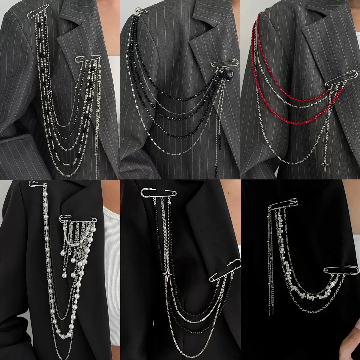 欧美跨境饰品 嘻哈个性流苏链条胸针 ins风星形吊坠别针西装装饰