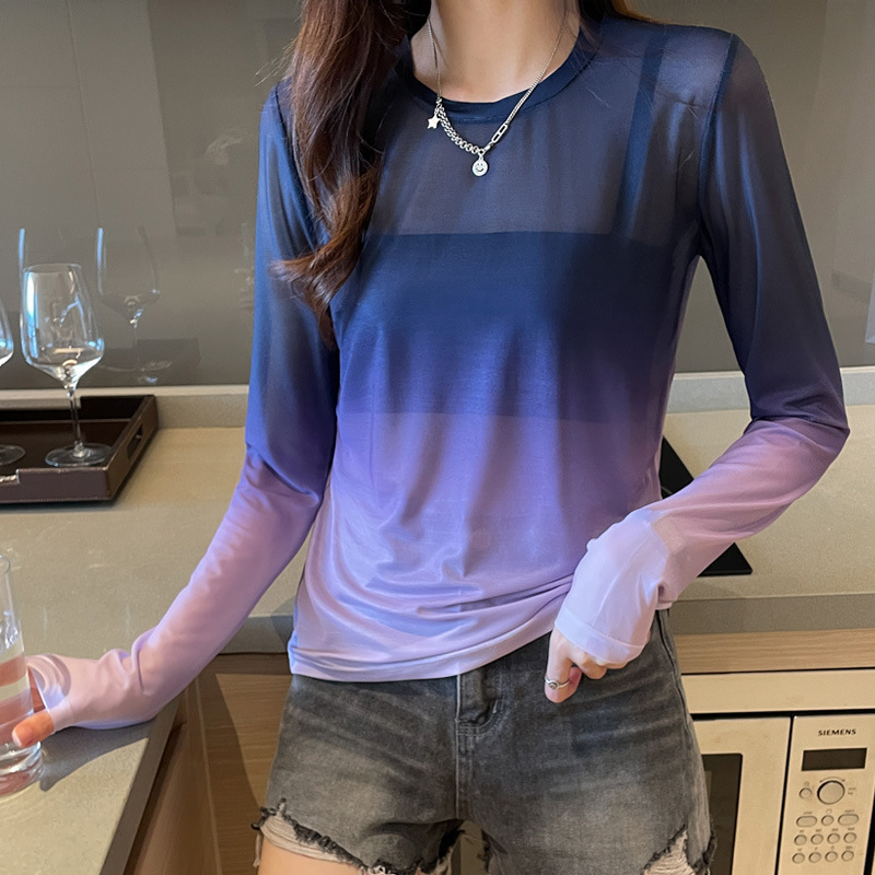 2022 Summer New Style Western Style All-Match Round Neck Gradient Mesh Long-Sleeved T-Shirt Fashionable Sun Protection Clothes Base-Layer Shirt Blouse