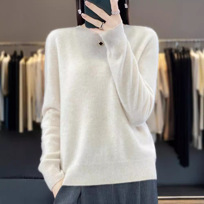 First-line Readymade Garments Autumn and Winter 100 Pure Woolen Sweater Women's Crewneck Pullover Sweater Base All-match Slim-fit Sweater