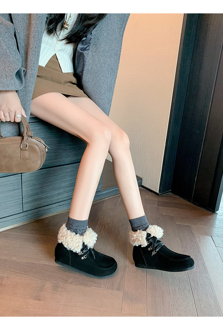 Boot tuyết nữ cổ cao lót lông giữ nhiệt, mũi tròn, dây buộc, tăng chiều cao bên trong — Vàng kem lót đơn, Đen lót nhung, Vàng kem lót nhung, Nâu lót nhung chi tiết 22
