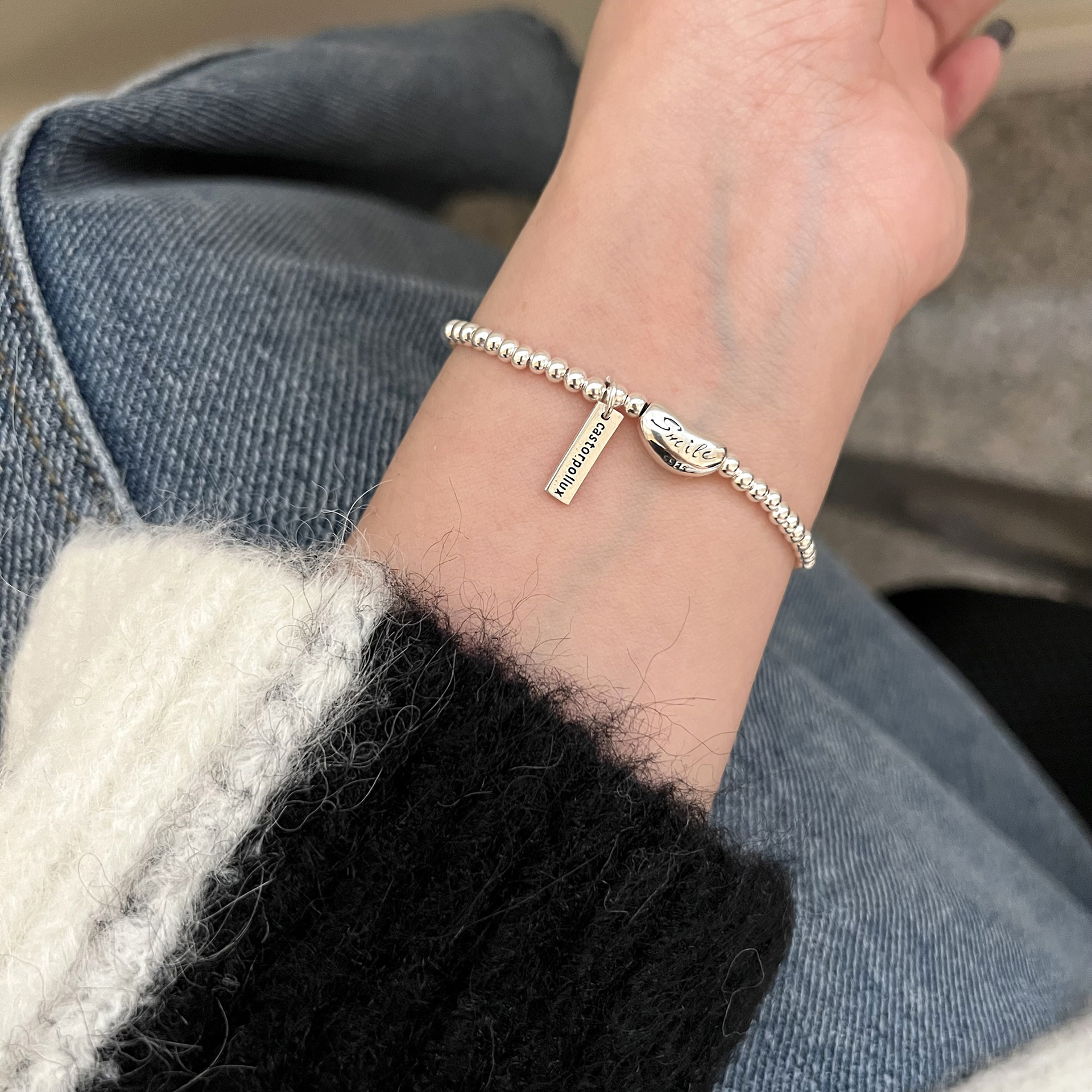 S Pure Silver Smile Pea Hanglabel Dames Handwerk Armband Koud Eenvoudig Koreaans Ontwerp Gevoel Klein en Uniek_voghion.com