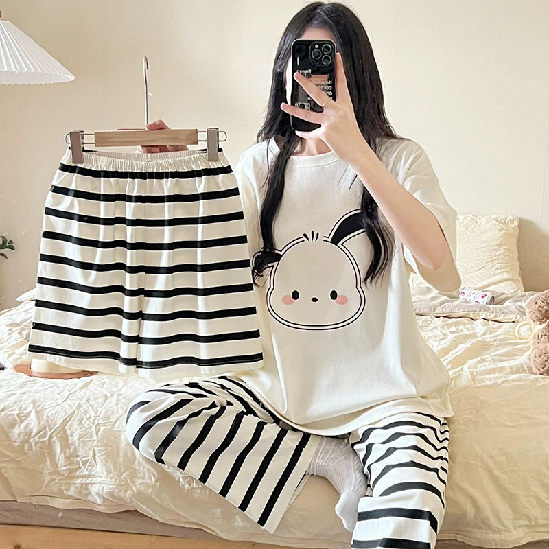 Пижама женская летняя сумка с короткими рукавами из трех частей сетка красный мультфильм корейская версия свободного большого размера летняя тонкая женская домашняя одежда