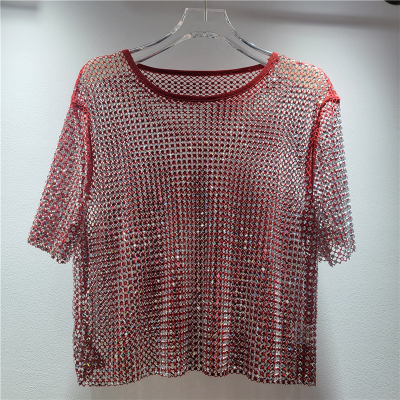 El nuevo producto europeo, la industria pesada, el diamante en caliente, la sensación de frío, el diamante estrellado, el cuello redondo, la blusa de manga corta, la camiseta transparente hueca image 6