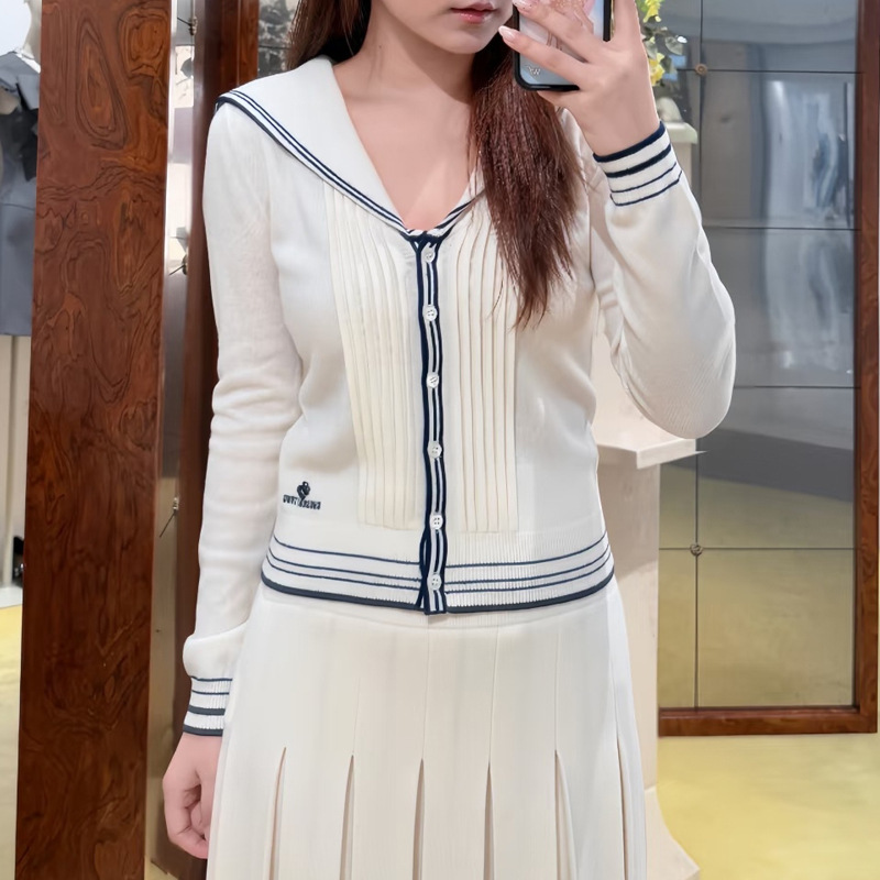 [in Stock] 2026 Autumn and Winter New Style Navy Collar Striped Contrast Color Single-Breasted Long-Sleeved Knitted Cardigan 28606