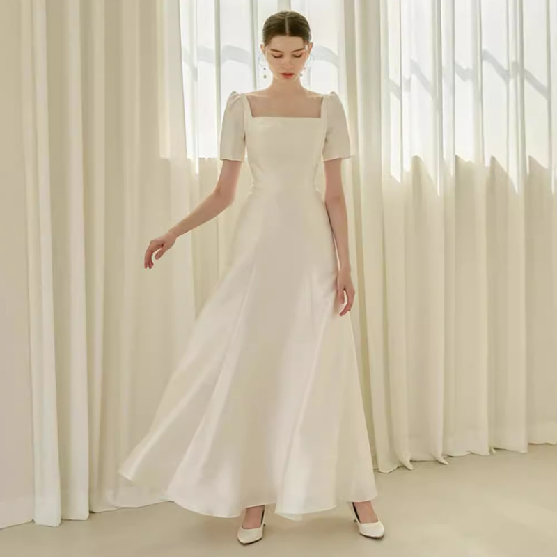 French Style Light Wedding Dress Satin Simple Square Collar Short-Sleeved Arm Covering Korean Style Engagement Evening Dress Banquet Elegant High-Level Sense French Style Light Wedding Dress Satin Simple Square Collar Short-Sleeved Arm Covering Korean Style Engagement Evening Dress Banquet Elegant High-Level Sense