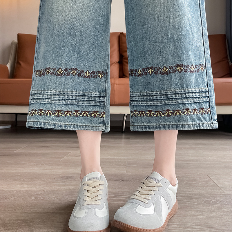 国民風刺繍小柄春秋ストレート9点ウエストシガレットパイプジーンズレディースハイウエスト新作8点ワイドレッグパンツ|undefined