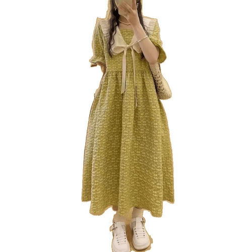 Plus-size French-style doll collar dress for women, summer loose and slimming skirt for chubby girls, belly-covering and figure-flattering long dress.