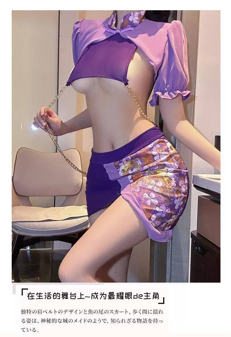 Retro Open-Chest Cheongsam Lingerie Set with Pull Chain, Purple Mesh Polyester, One Size — detail image 6