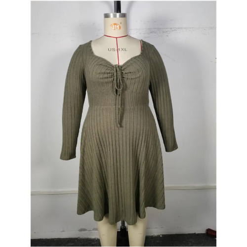 Women's Plus Size Skirt with Square Neck and Long Sleeve Short Dress (XL-4XL)